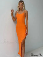 Ribbed Knitted Backless Split Summer Sleeveless Straps Sexy Midi Dress