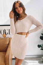Ribbed Long Sleeve Winter Sweater Mini Two Piece Dress - Apricot