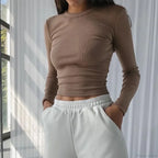 Ribbed Sexy Cropped Slim Fit Long Sleeve Knit Top