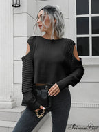 Ribbed Trim Cold-Shoulder Sweater