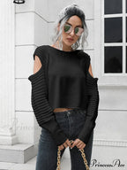 Ribbed Trim Cold-Shoulder Sweater