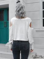Ribbed Trim Cold-Shoulder Sweater