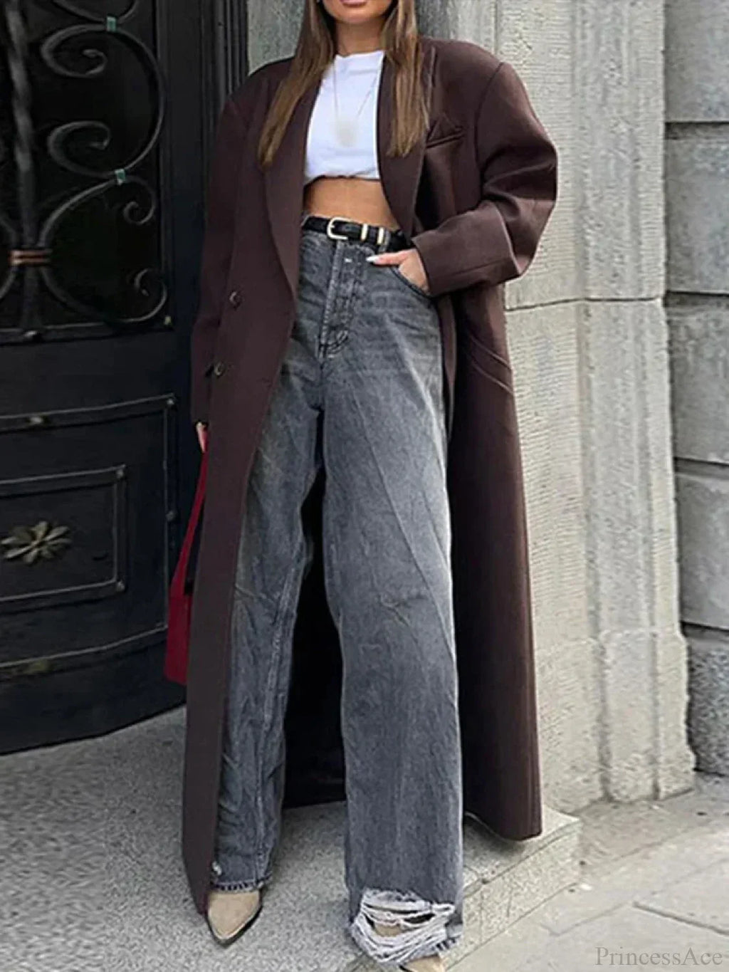 Ribbed Woolen Double-Breasted Overcoat