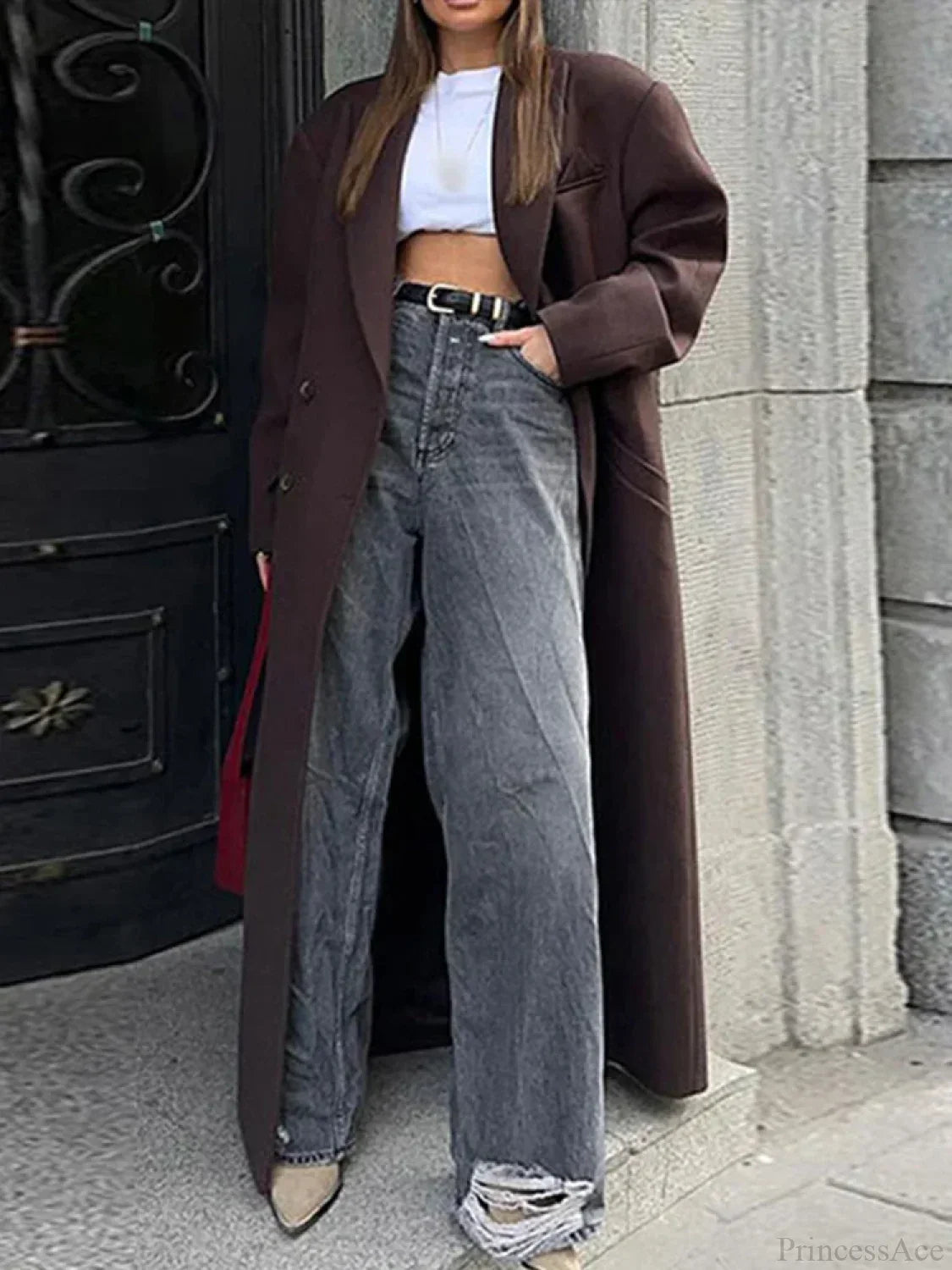 Ribbed Woolen Double-Breasted Overcoat