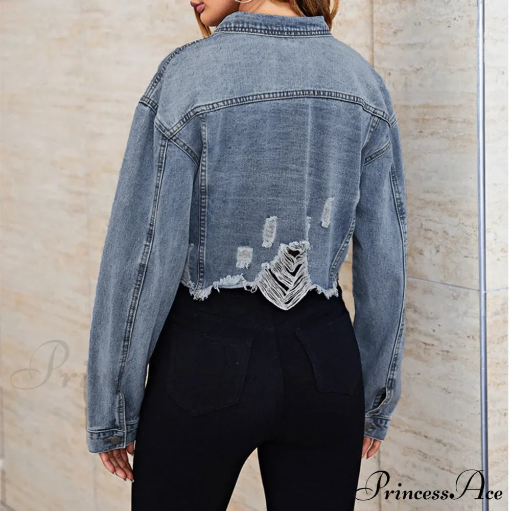 Ripped Hem Long Sleeve Single Breasted Lapel With Pockets Sexy Short Warm Chic Stylish Elegant Fashionable Versatile Jacket