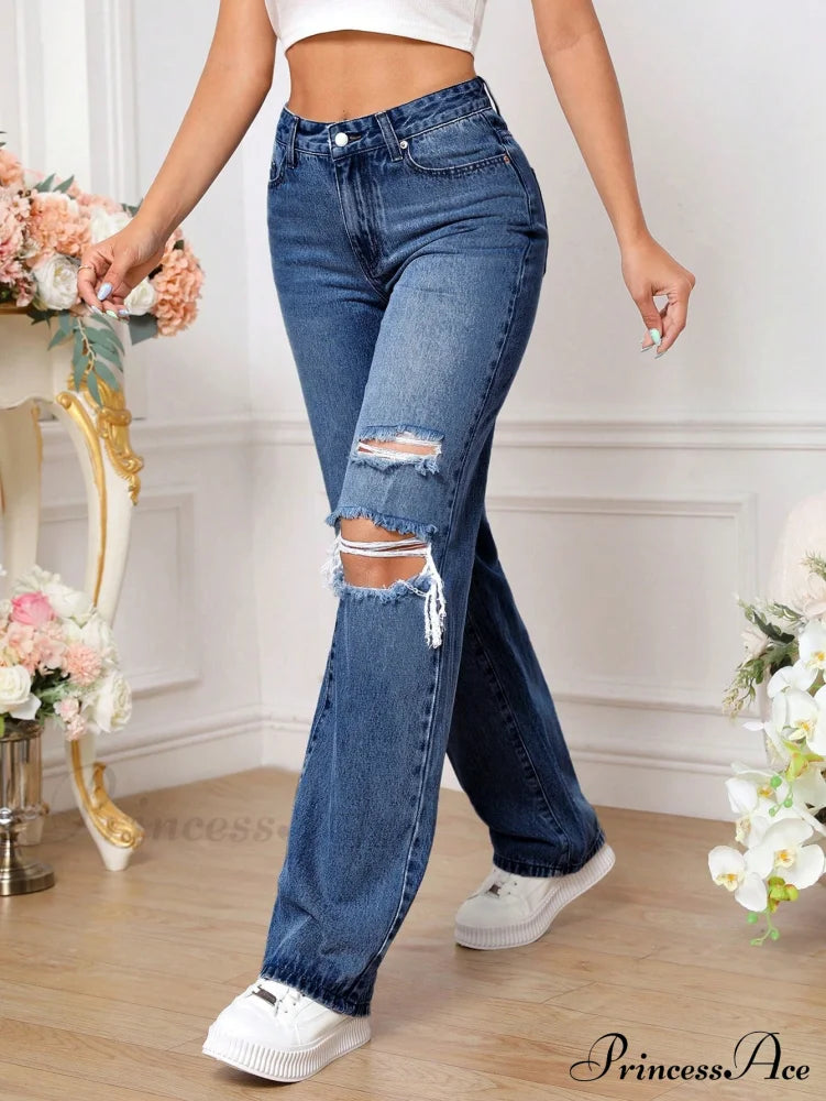 Ripped Straight Leg Jeans