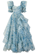 Romantic Puff Sleeve Floral Organza Layered Ruffle Split Gown Dress - Blue
