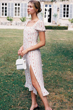 Romantic Rose High Slit Ruffle French Smock Midi Sundress - Stripe
