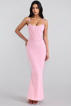 Ursin Pink Stretch Mesh Butterfly Maxi Dress