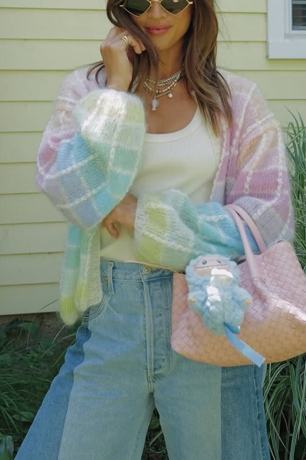 Palette Day Knit Color Blocks Open Front Balloon Sleeve Loose Cardigan