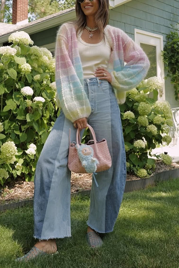 Palette Day Knit Color Blocks Open Front Balloon Sleeve Loose Cardigan
