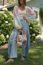 Palette Day Knit Color Blocks Open Front Balloon Sleeve Loose Cardigan