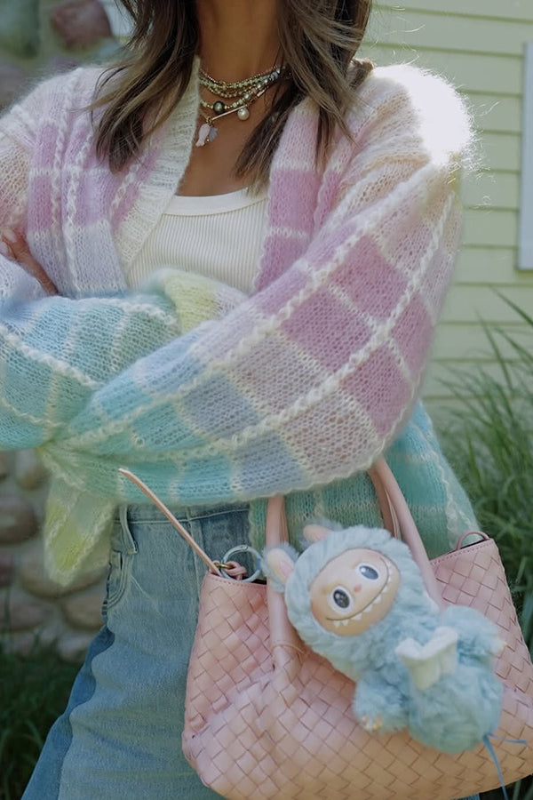Palette Day Knit Color Blocks Open Front Balloon Sleeve Loose Cardigan