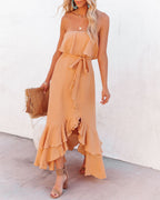 Rosemont Cotton Linen Strapless High Low Maxi Dress Peach