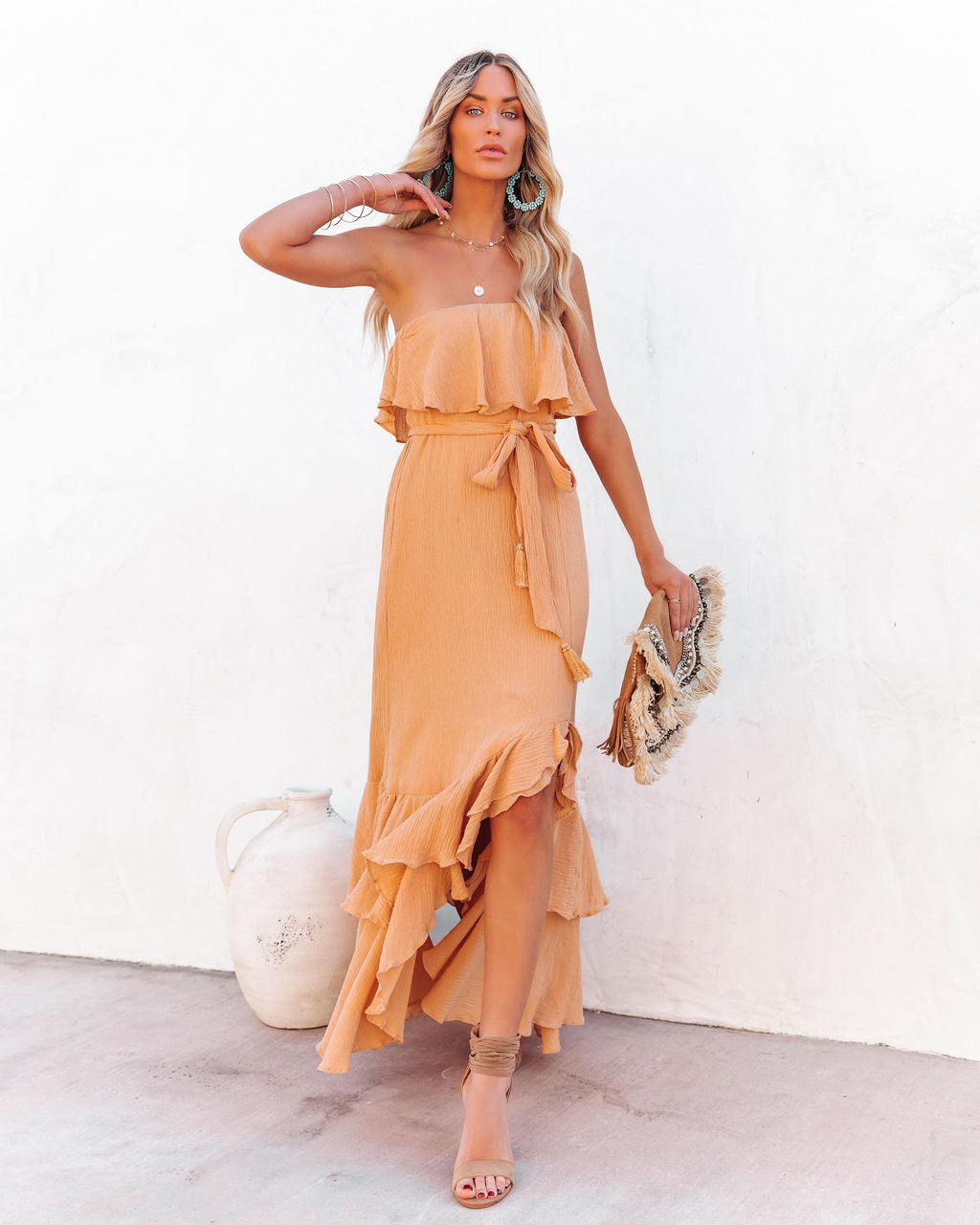 Rosemont Cotton Linen Strapless High Low Maxi Dress Peach