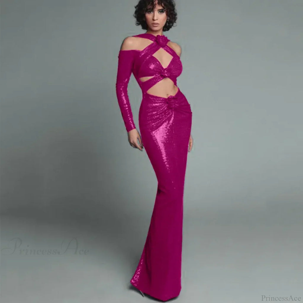 Rosered Long Sleeve Sequins Party Dress