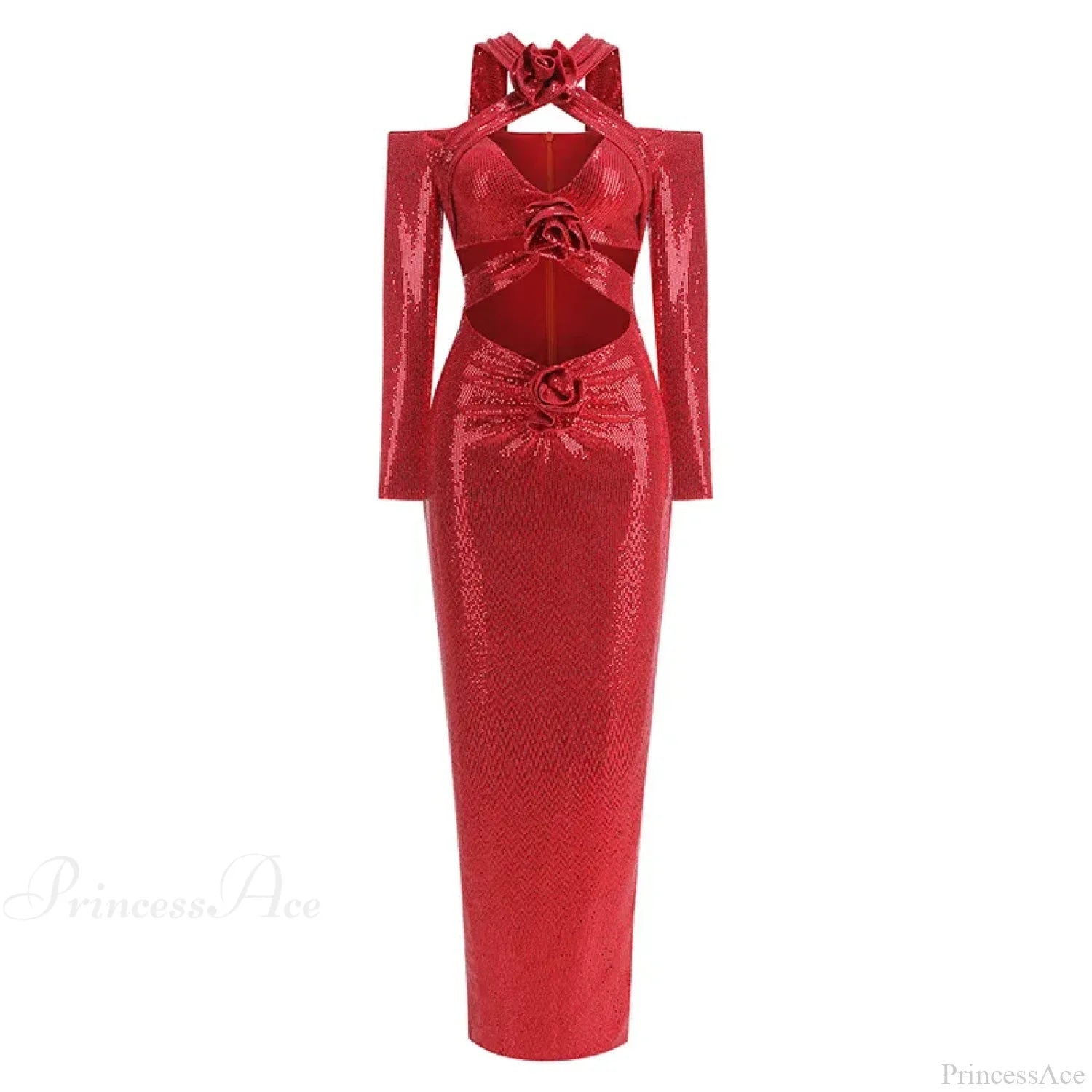 Rosered Long Sleeve Sequins Party Dress