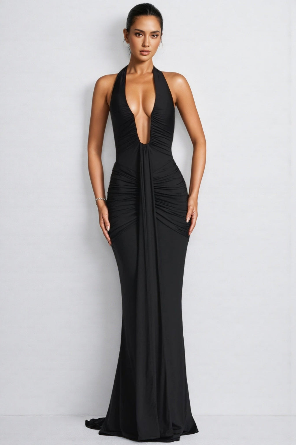 Patricia Black Deep V-Neck Backless Maxi Dress
