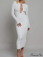 Round Neck Hollow Out Party Clubwear for Women Backless Sleeve Solid Color Slim Fit Vestidos