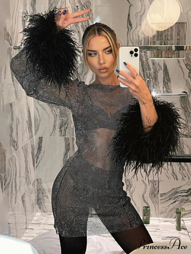 Round Splicing Neck Furry Hollow Mesh Glitter Arm Women's See-through Long Dress
