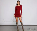 Ruched And Ribbed Knit Graceful Crew Neck Mini Dress