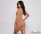 Ruched And Ribbed Knit Graceful Crew Neck Mini Dress