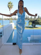 Ruched Blue Maxi Vacation Dress