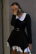 Ruched Fake Two-Pieces Dress with Doll Collar