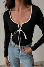 Ruched Tie Front Cropped Long Sleeve Tee