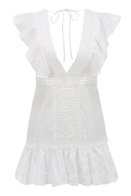 Ruffle Cap Sleeve Backless Crochet Lace V Neck Mini Dress - White