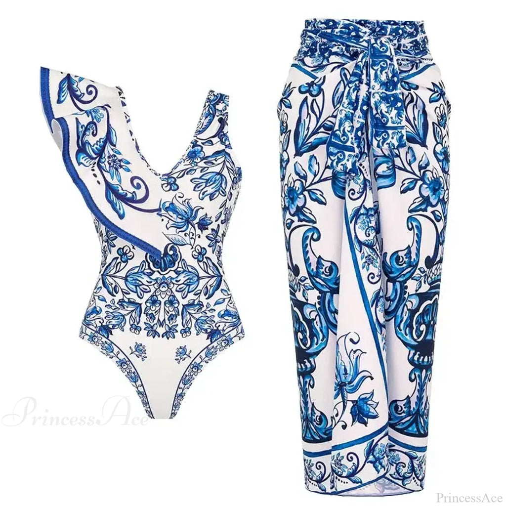 Ruffle V Neck Blue Print Two Piece Set