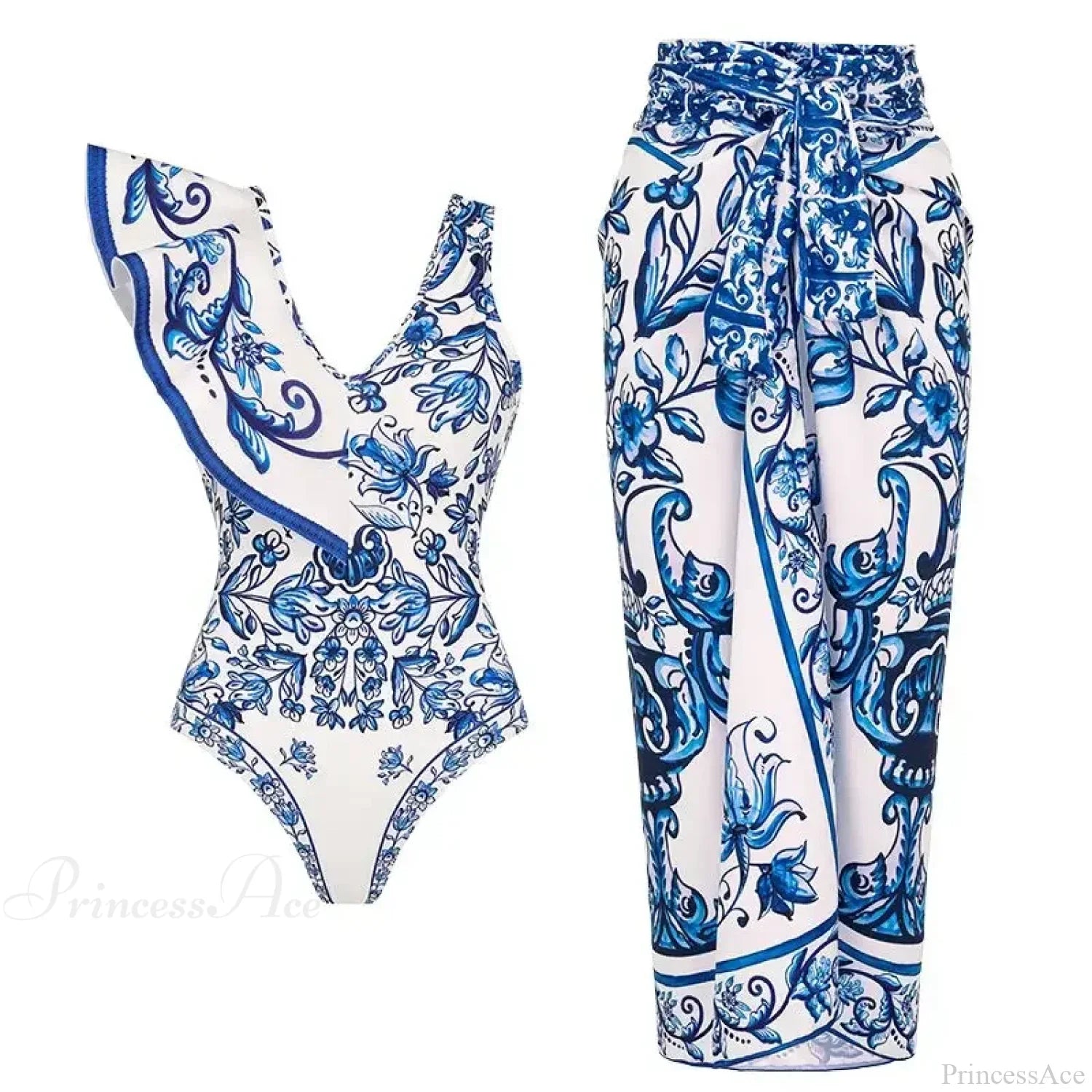 Ruffle V Neck Blue Print Two Piece Set
