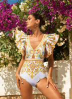 Ruffle V Neck Majolica Shorts Two Piece Set