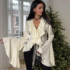 Ruffled Lace-Up V-neck Casual Long Sleeve Blouse