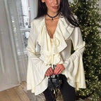 Ruffled Lace-Up V-neck Casual Long Sleeve Blouse