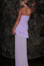 Ruffled Mesh Cowl Neck Split Hem Party Dress