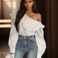 Ruffled Off Shoulder Slim Fit Casual Long Sleeve Blouse