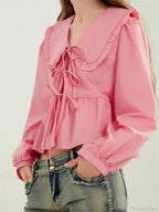 Ruffled Turn-Down Neck Tie-Up Blouse