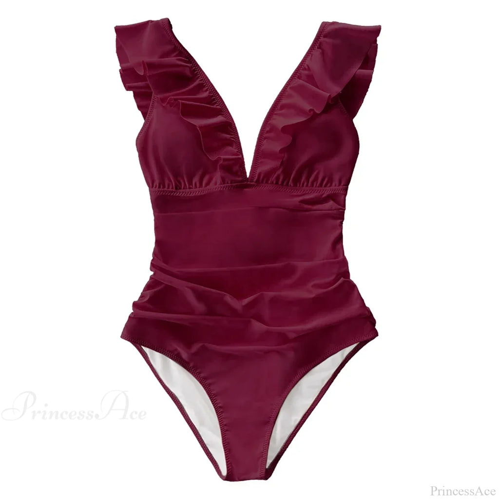 Ruffled V-neck Lace Up Monokini One Piece Set
