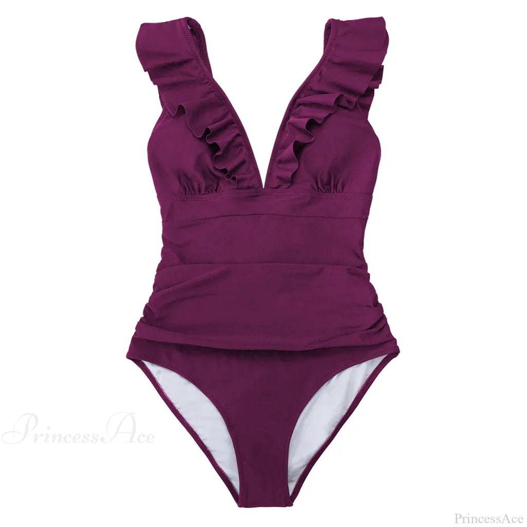 Ruffled V-neck Lace Up Monokini One Piece Set