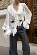 Ruffled V-Neck Long-Sleeve Tie-Waist French Blouse