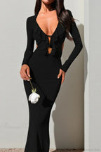Ruffled V Neck Tie Long Sleeve Maxi Dress