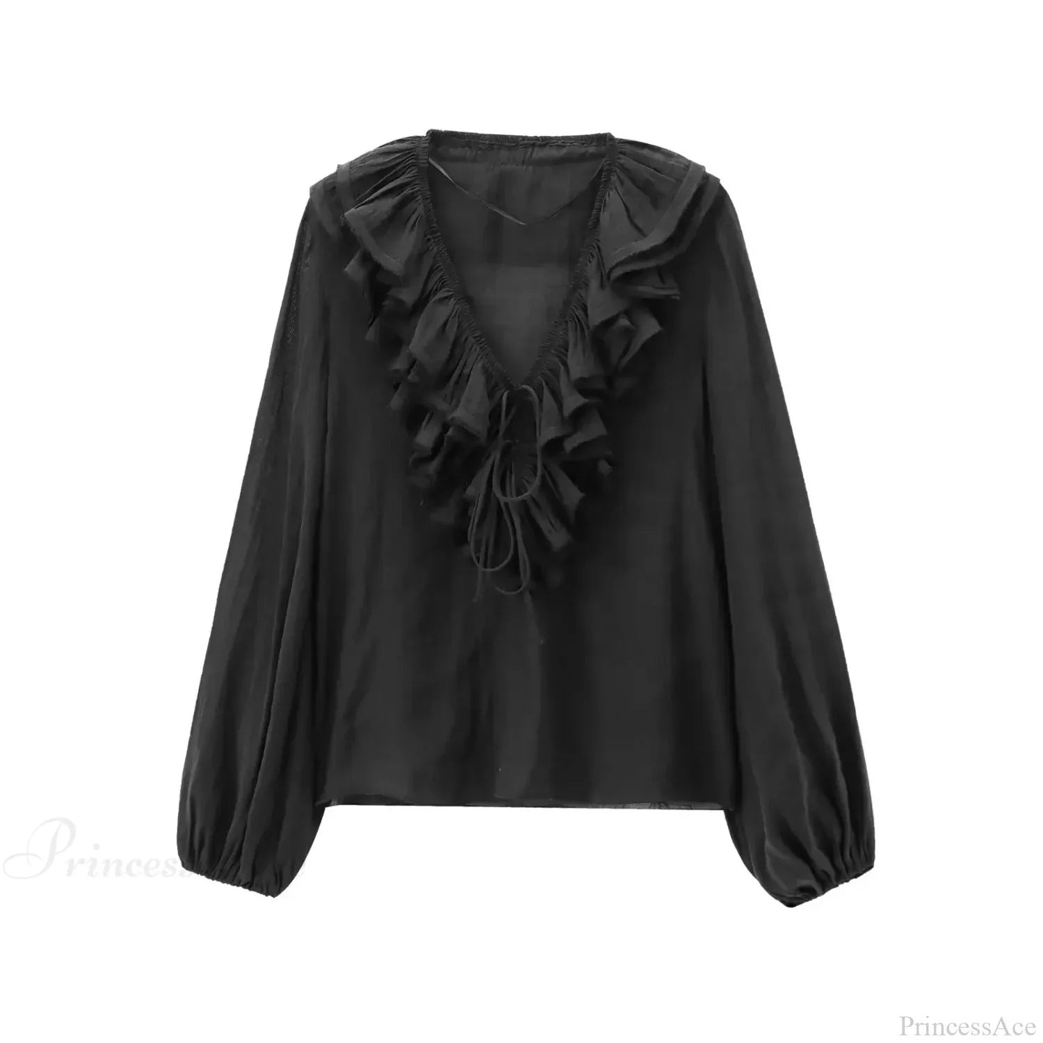 Ruffles Deep V-Neck Lace-Up Loose Oversize Boho Blouse