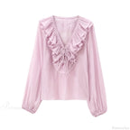 Ruffles Deep V-Neck Lace-Up Loose Oversize Boho Blouse