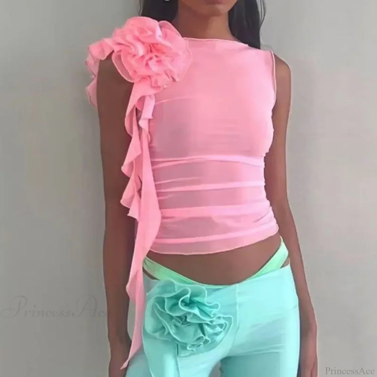 Ruffles Floral Mesh Sheer Chic Elegant See Through Slim Crop Top