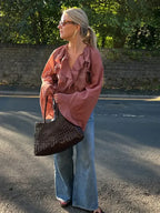 Ruffles Lace Up V Neck Gauze Blouse