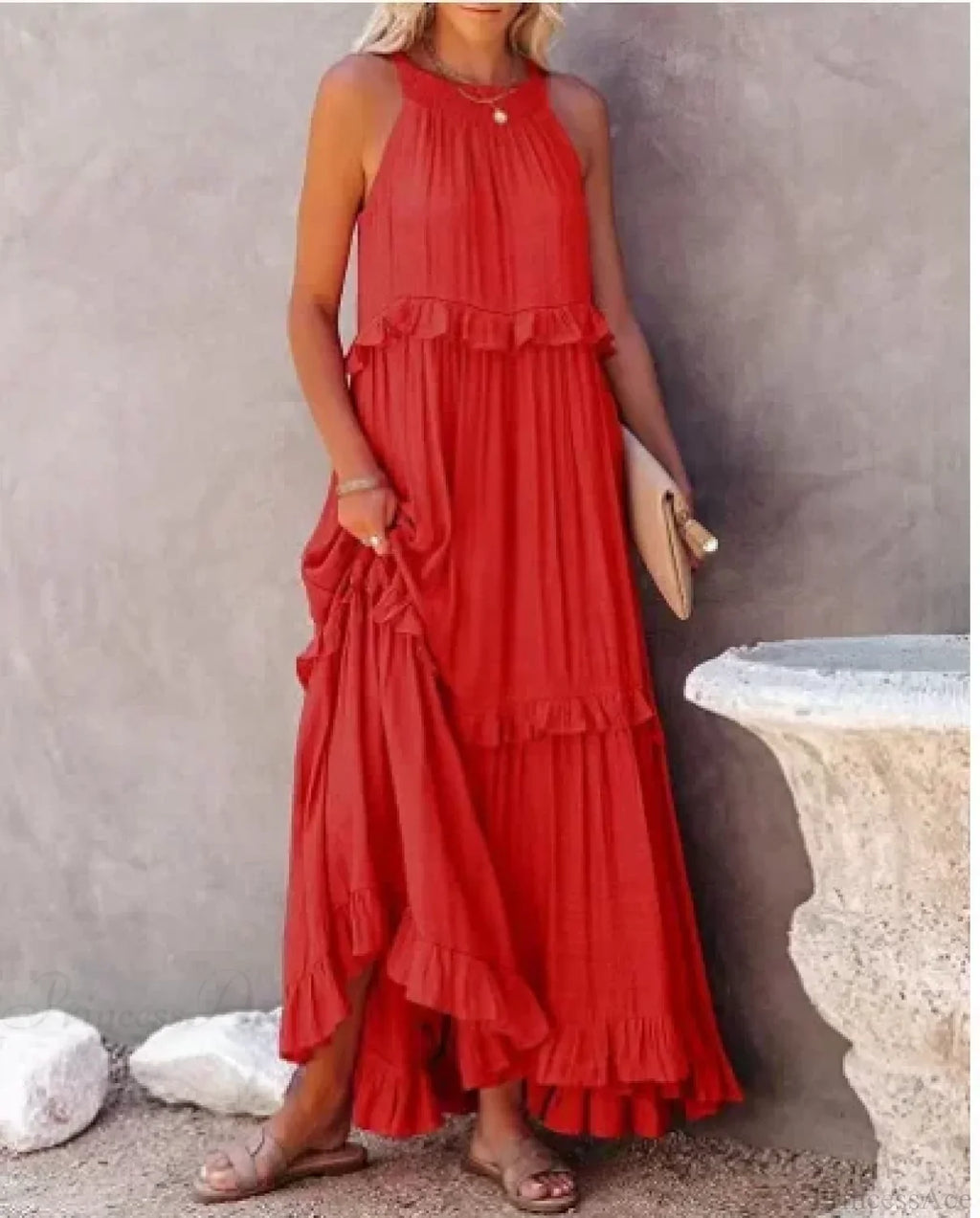 Ruffles Sexy Split Halter Sleeveless Big Hem Maxi Boho Dress