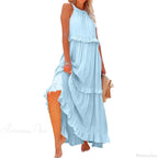Ruffles Sexy Split Halter Sleeveless Big Hem Maxi Boho Dress