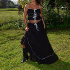 Ruffles Tie-Up Front Camis Crop Top Maxi Skirt Two Pieces Set