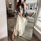 Ruffles Tie-Up Front Camis Crop Top Maxi Skirt Two Pieces Set